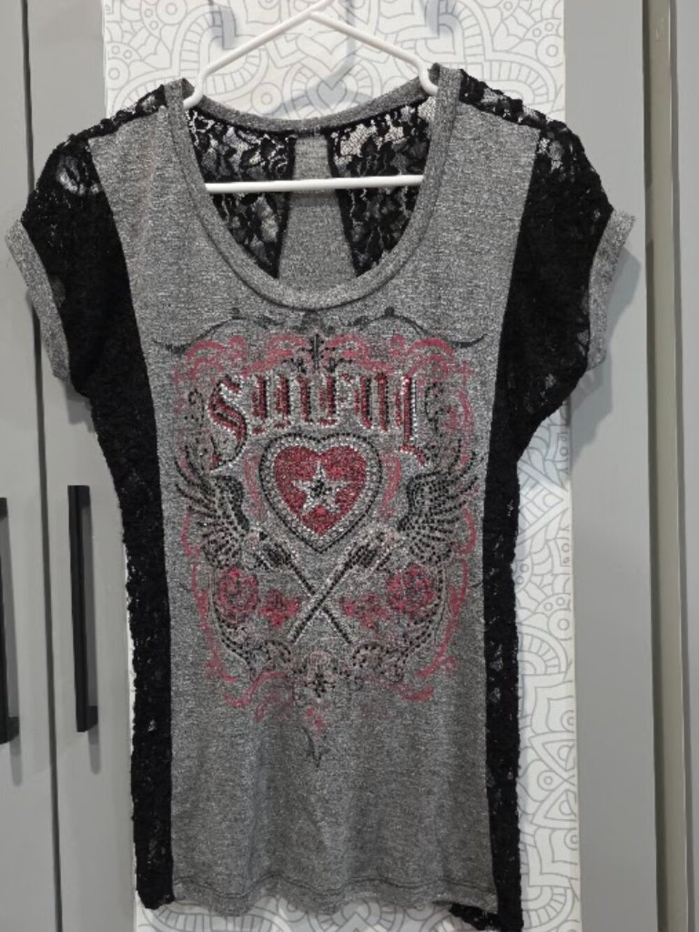 Sinful by Affliction Rhinestone Ladies Top, Gray with Black Lace Sides, Size M
